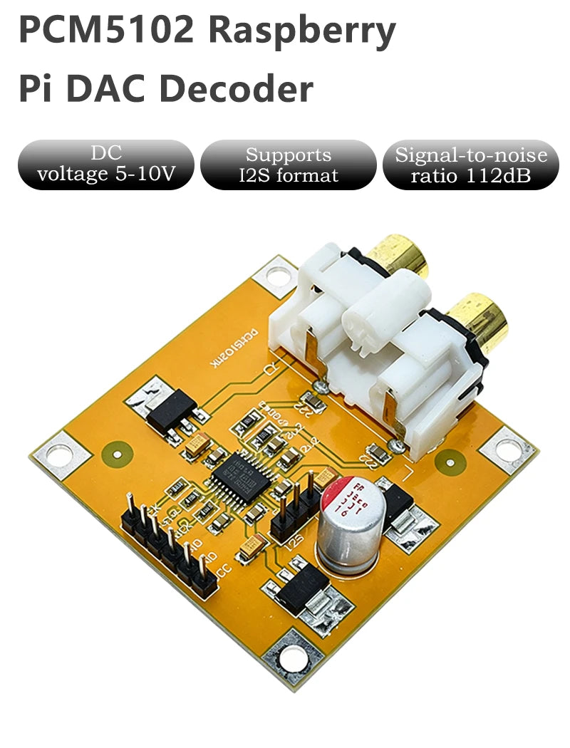 PCM5102 Raspberry Pi DAC Audio Decoder Board I2S Digital Audio Module 112dB SNR DC 5-10V Input Dual RCA Analog Output