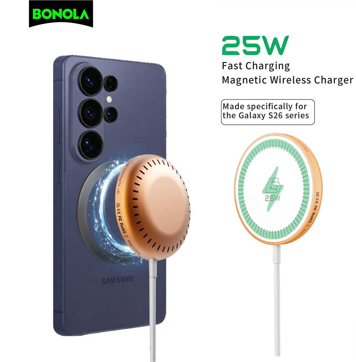Bonola 25W Magnetic Wirelesss Charger for Samsung S26 Ultra Wireless Fast Charging Pad Type C Cable for Galaxy S26 Ultra