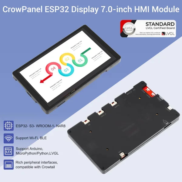 CrowPanel 7.0" HMI ESP32 Display 800x480 7 inch RGB TFT LCD Touch Screen Compatible with Arduino/LVGL/ PlatformIO/Micropython