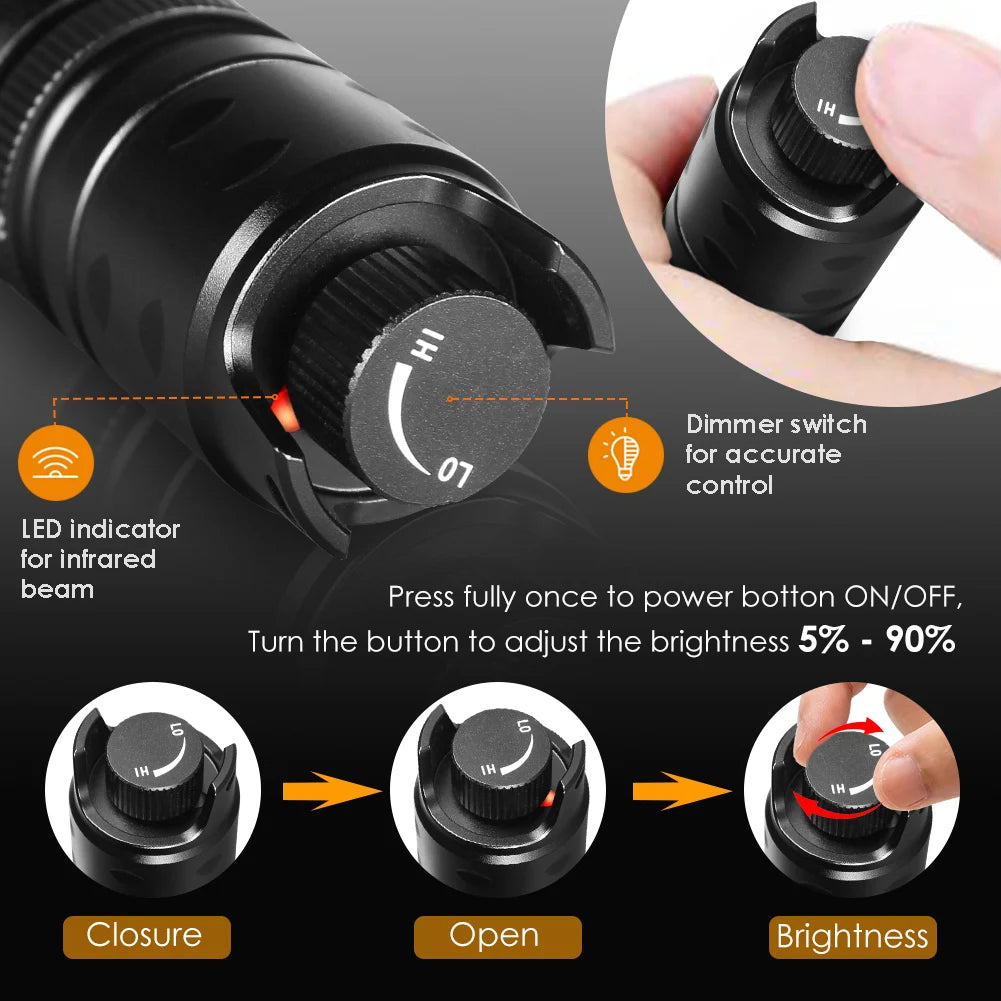 UniqueFire 2002D LED IR 940nm 850nm 810nm Hunting Flashlight Fresnel Lens Zoom Night Vision Dimmer Swtich Torch Max.1000 Meters