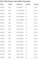 CBB Metal Film Capacitor Assortment Kit 250V 400V 630V 1000V 1600V Metallized Polypropylene Film Capacitors Kits