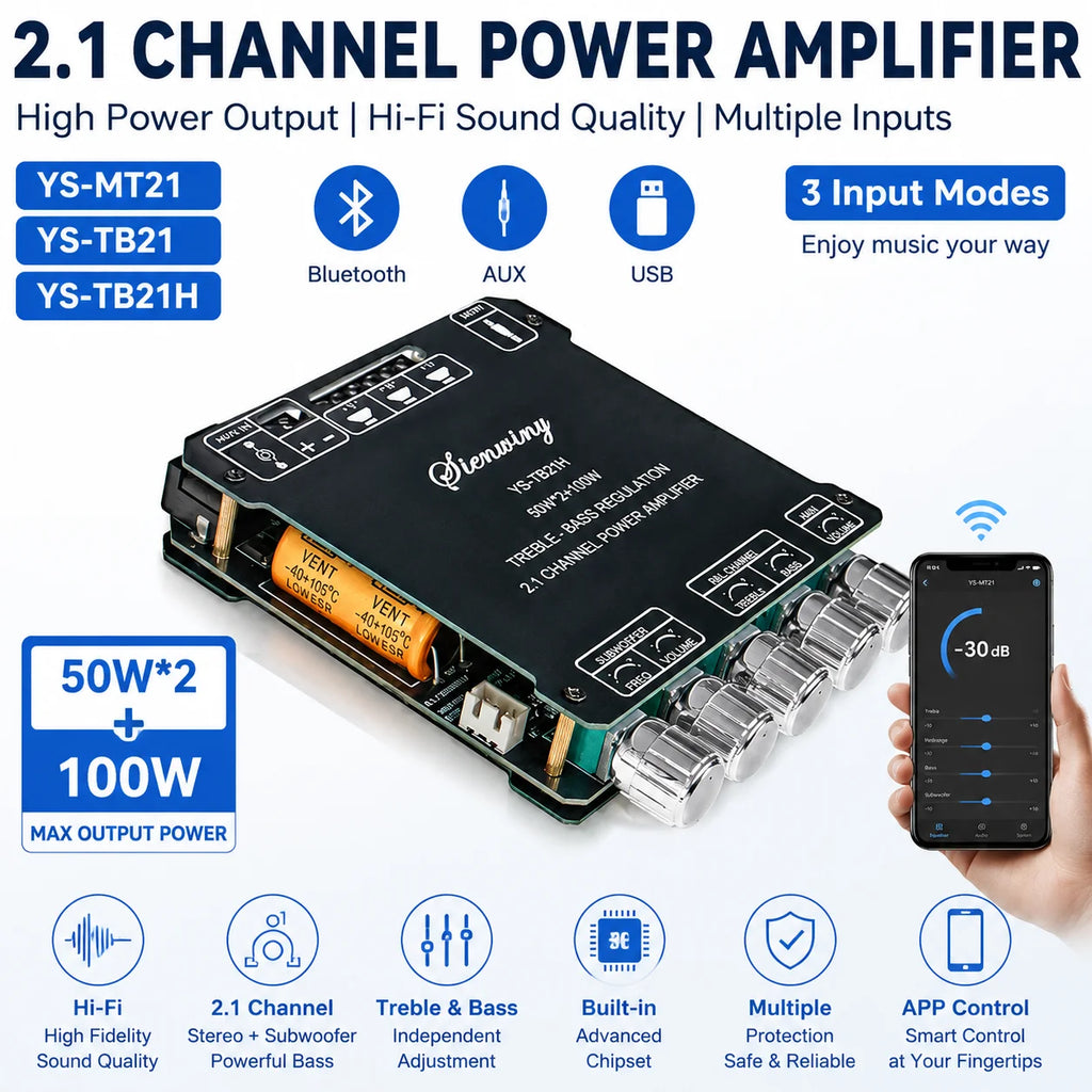 2.1CH Bluetooth Amplifier Board 200W Class D 50W*2+100W Subwoofer Bass Treble USB APP MIC KTV DC12-24V HiFi DIY Speaker