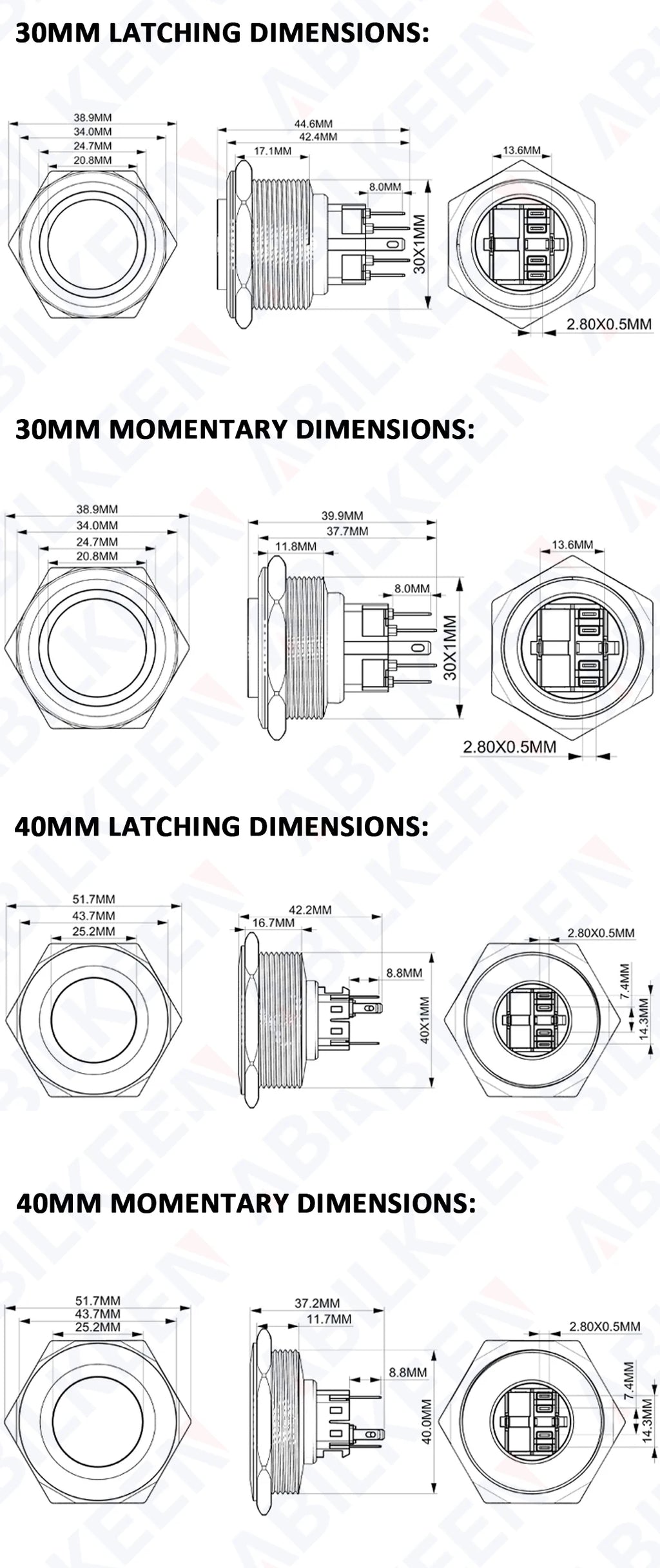 ABILKEEN 22/25MM 1NO1NC/2NO2NC Metal Push Button Switch IP65 Waterproof Momentary/Latching Push Button with LED Ring Light
