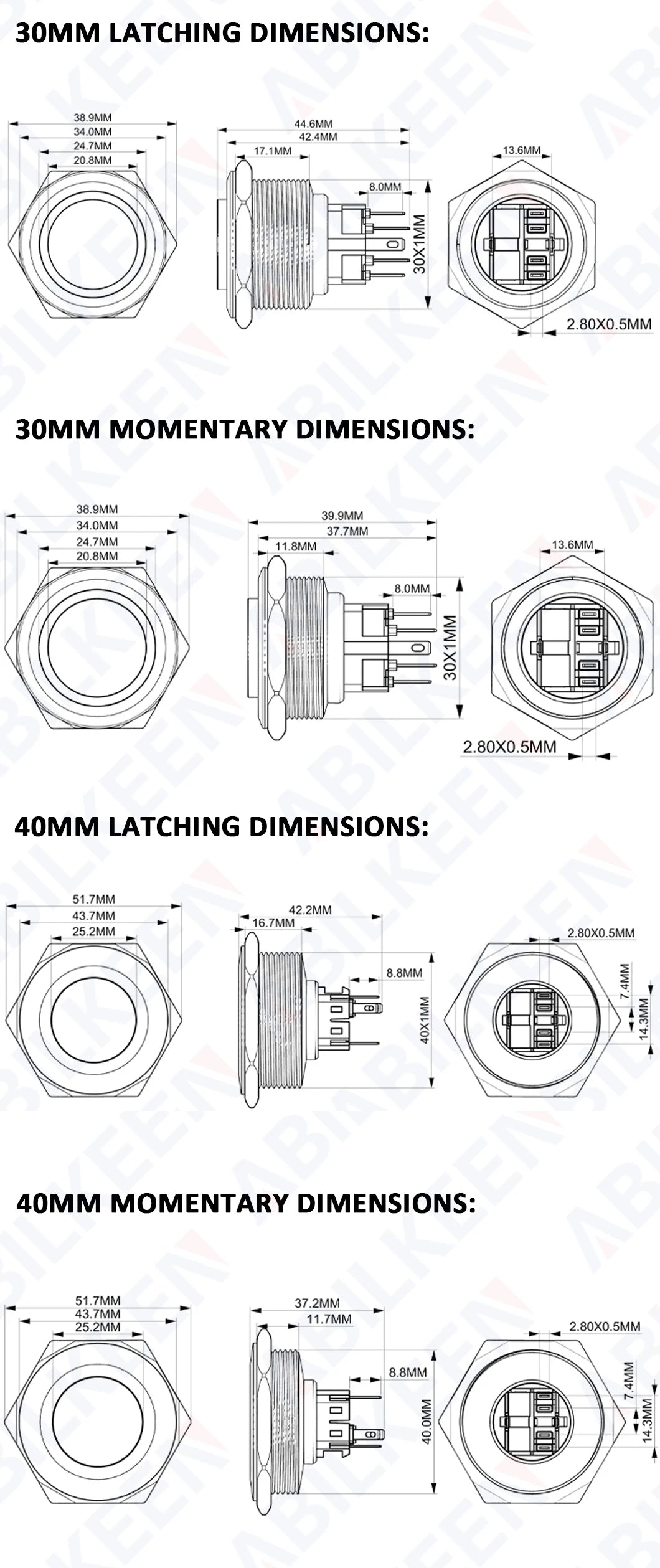 ABILKEEN 22/25MM 1NO1NC/2NO2NC Metal Push Button Switch IP65 Waterproof Momentary/Latching Push Button with LED Ring Light
