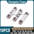 10Pcs Ceramic Fuse 8.5*31.5mm 500V 1A 2A 3A 4A 5A 6A 8A 10A 16A 20A 25A 32A Ceramic Fuse 8.5x31.5mm 500V RO14 RT19