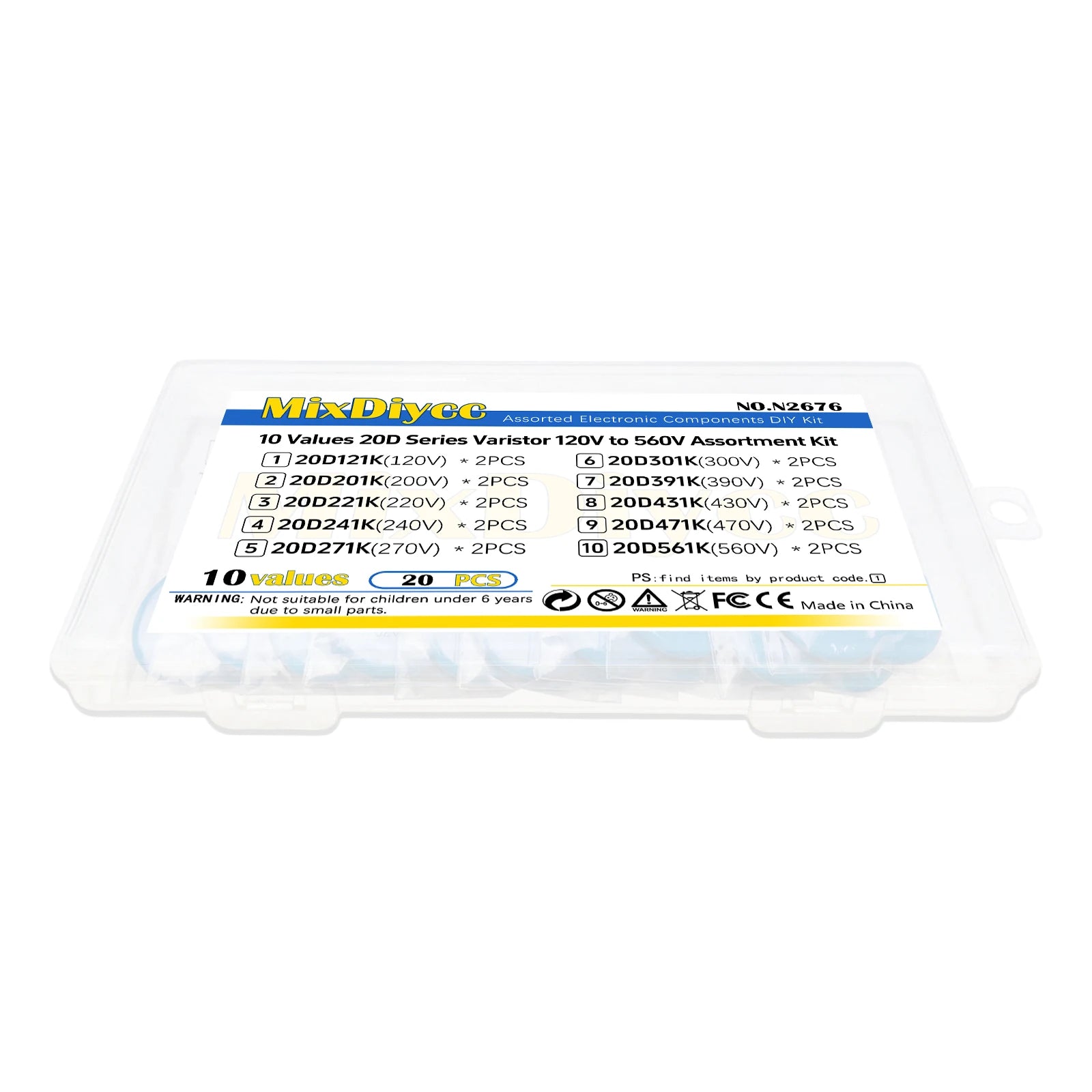 10 Values 20D Varistor Kit piezoresistor resistor VDR 121K/201K/221K/241K/271K/301K/391K/431K/471K/561K Total 20 Pcs