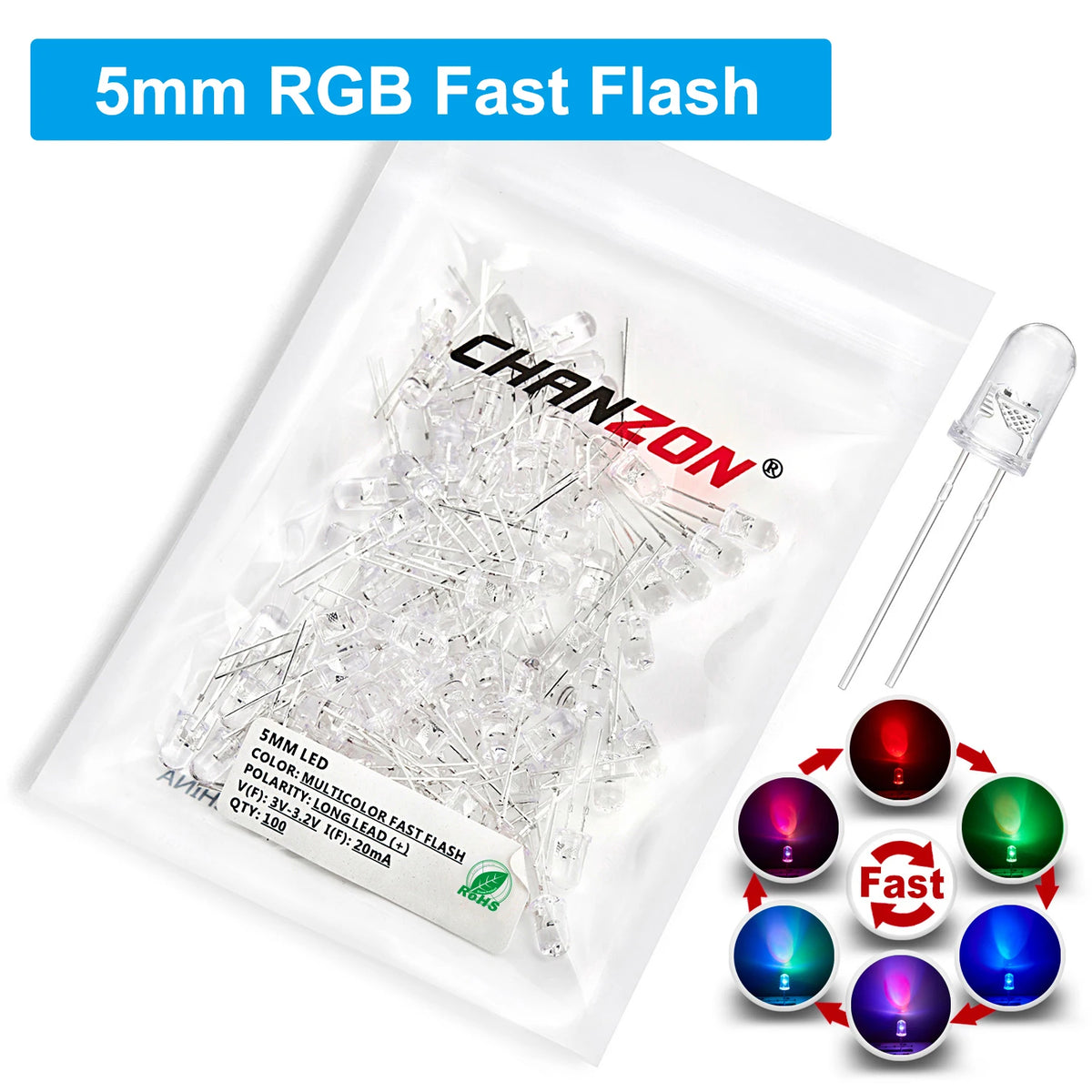100Pcs 3mm 5mm Led Diode Flashing White Red Green Blue Yellow RGB Fast Slow Flash Diffused Clear Color Changing Light Emitting