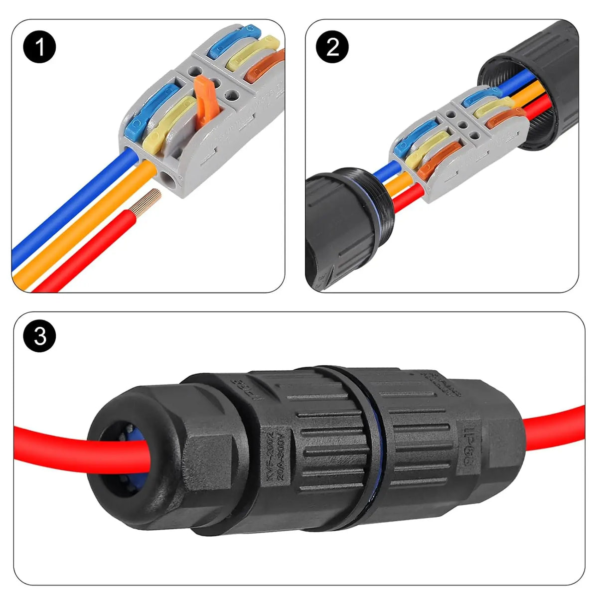6pcs Upgraded Junction Box Outdoor Waterproof IP68, CDF 3P 3Pole Wire Connector, Replaceable Lever Wire Connectors for AWG 28-12