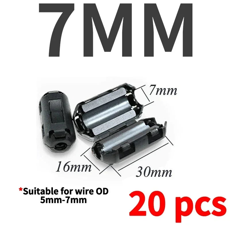 20Pcs 3.5/5/7/9/13/15mm Ring Core Ferrite Bead Clamp Choke Coil EMI RFI Noise Filter Clip Snap Cable for Black Magnetic Snap-on