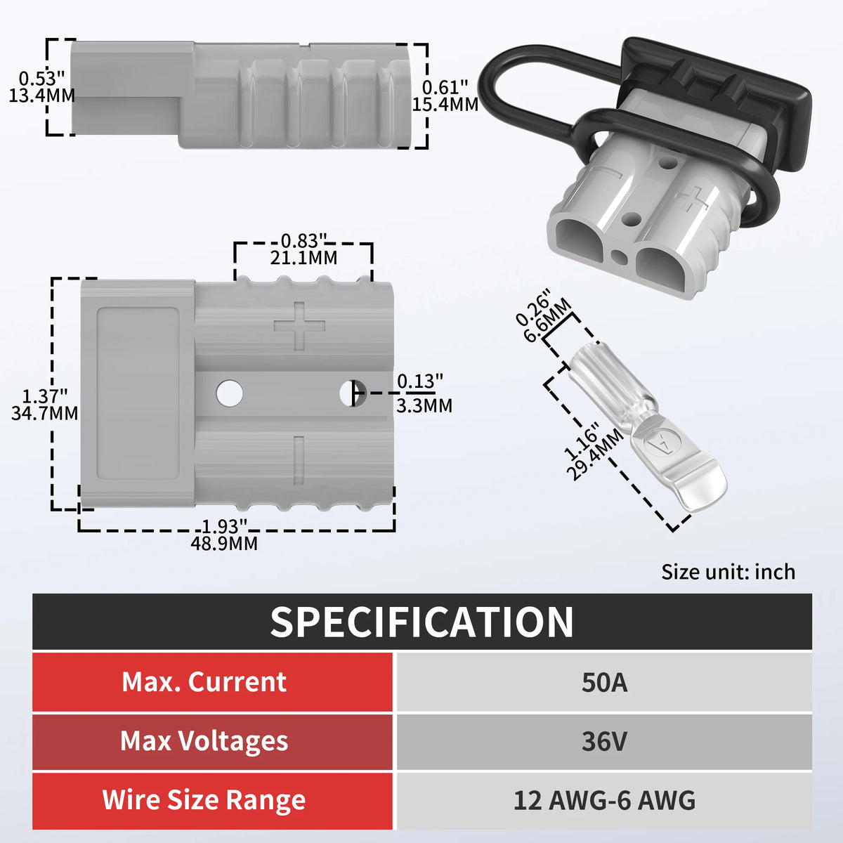 2PCS 50A Battery Quick Connector 6-12 AWG Jumper Cable Plug Flame-Retardant Anderson Plug Outdoor Power Disconnect (Red & Grey)