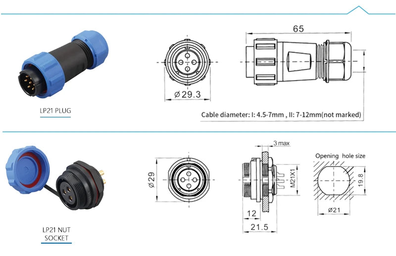 LP/SP21 IP68 Back Nut Screw crimp Panel Mount Connector Outdoor Waterproof 2/3/4/5/6/7 Pin Welding Free Male Plug Female Socket