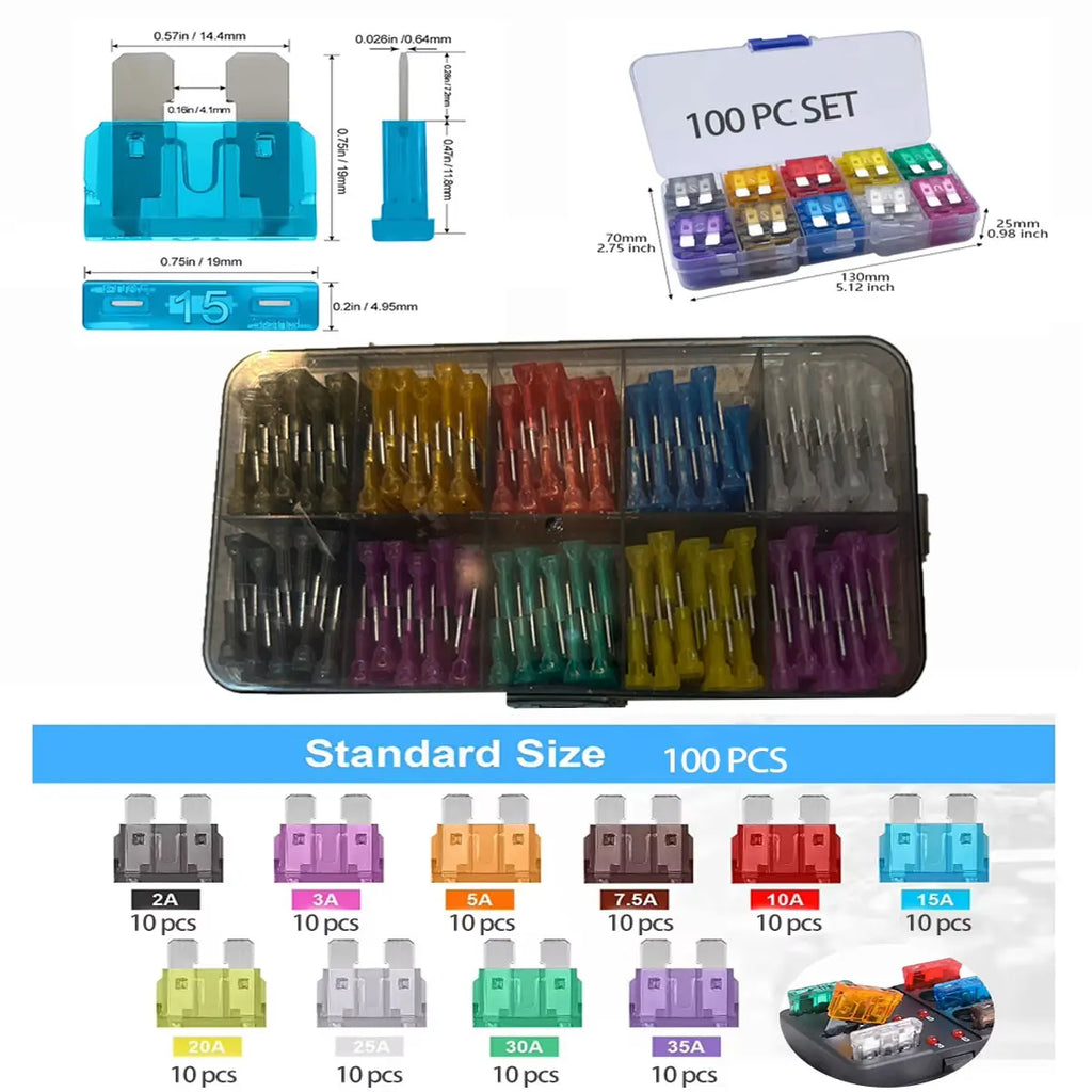100pcs Standard Car Fuses 2A 3A 5A 7.5A 10A 15A 20A 25A 30A 35A Free Matching Choice Car Fuses Blade Fuses for RV/Truck/SUV