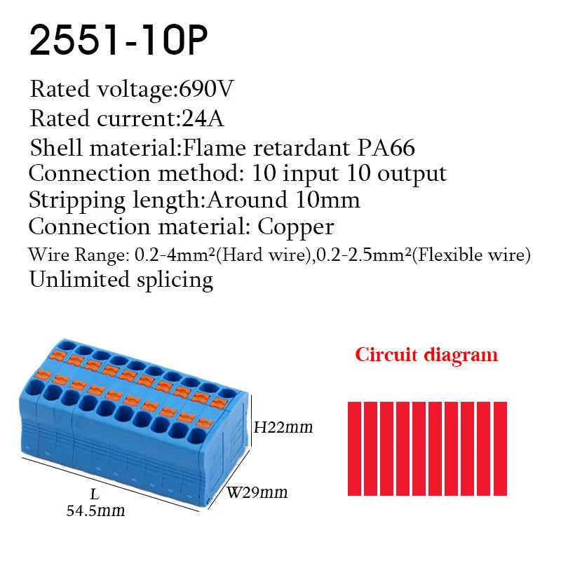 Wire Electrical Cable Wiring Connectors Push-in Terminal Block Multiple In Multiple Out Mount On Din Rail DIY Splicing
