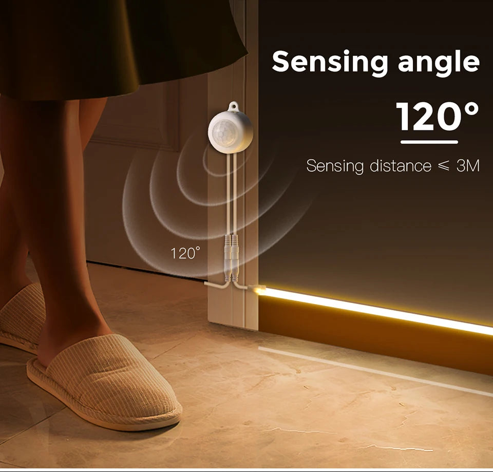 2m 5m 10m Smart PIR Motion Sensor Switch 24V COB LED Strip Light Neon Silicone Gel Tape Auto ON/OFF For Stair,Wardrobe Decor
