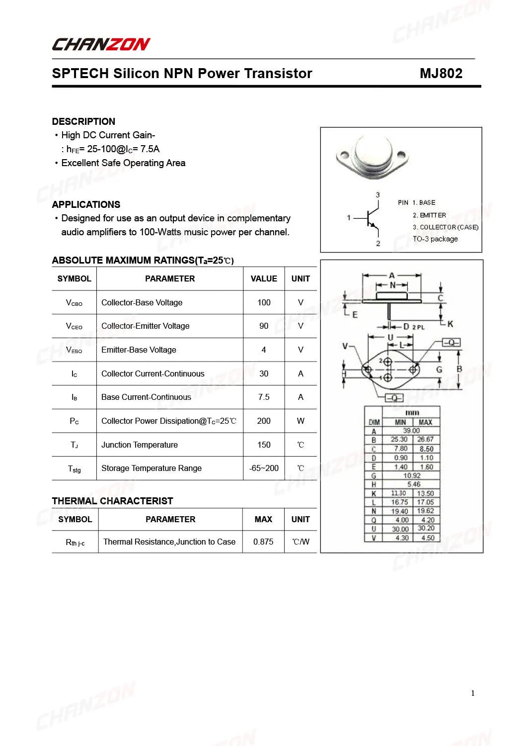 2Pcs MJ802 TO-3 Power Mosfet Transistor Bipolar Junction BJT Powerful Triode Tube Fets DIP 30A 90V Integrated Circuits
