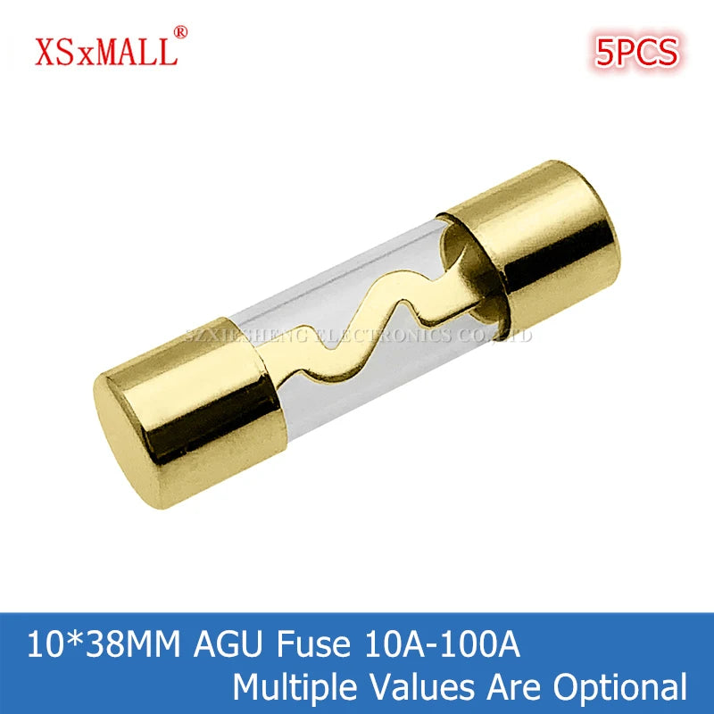 5PCS 10*38MM Gold Plated Glass AGU Fuse Fuses Pack Car Audio Amp Amplifier 10A 15A 20A 25A 30A 40A 50A 60A 70A 80A 100A Car Fuse