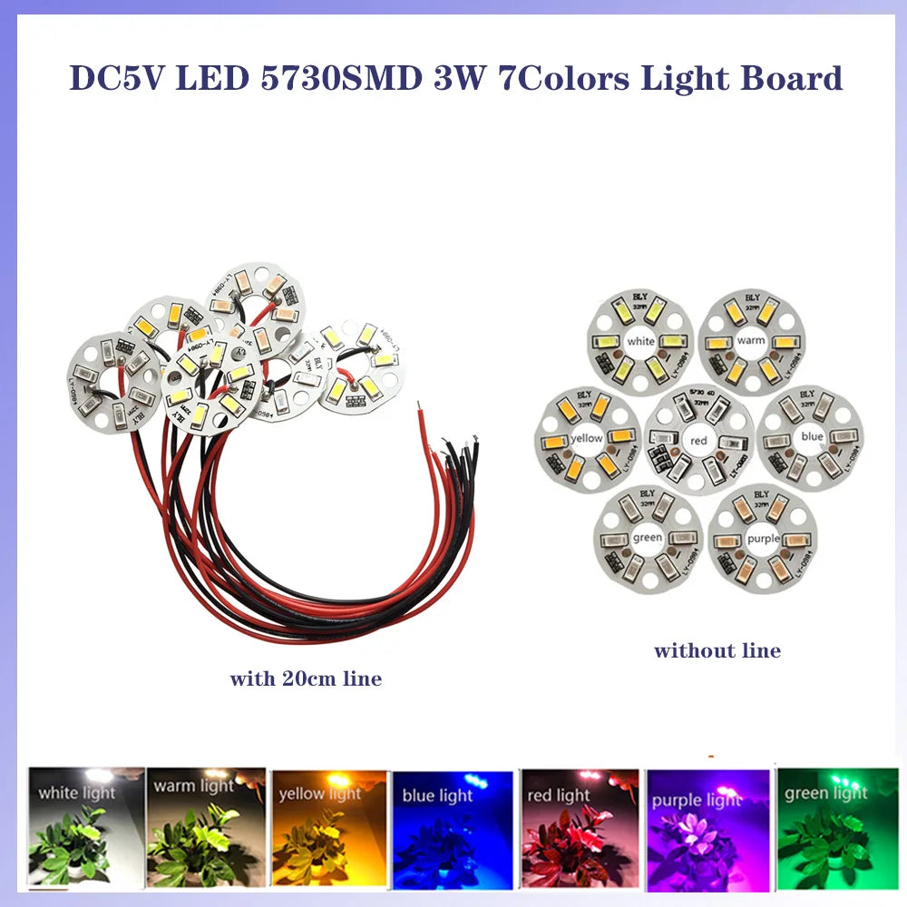 5/10 Pcs LED 3W 5V USB Light Board SMD 5730 Chip Red Green Warm White Yellow Purple Round Changing Light Source With 20 Cm Cable