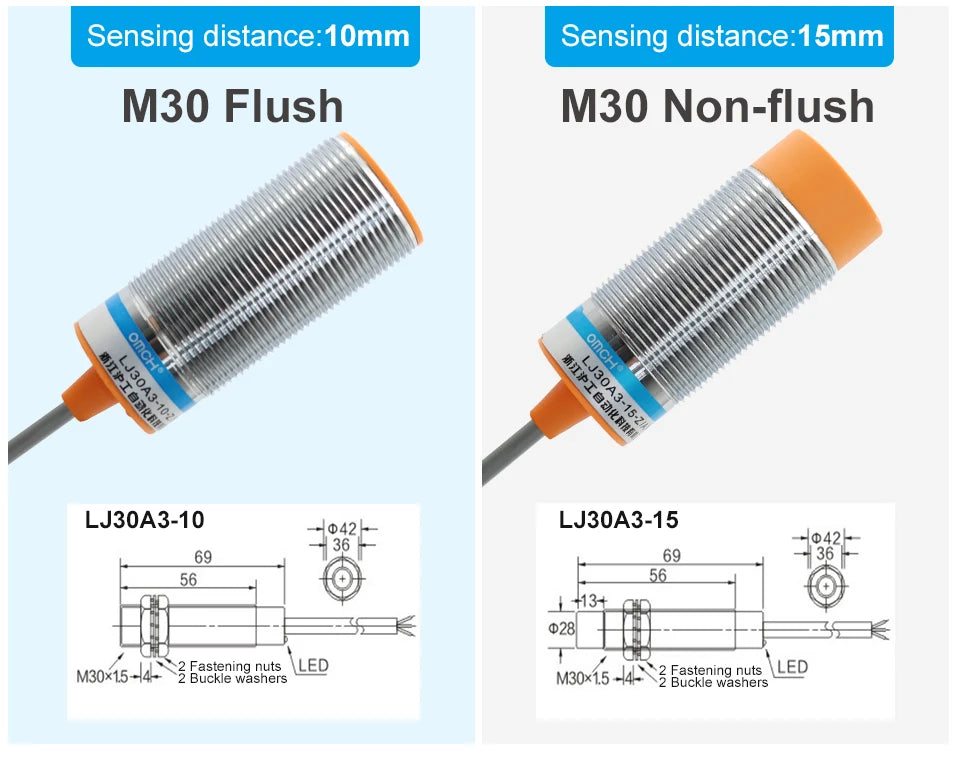 OMCH M8 M12 M18 M30 Inductive Proximity Switch Sensor Detection Distance 1/2 2/4 5/8 8/10mm NPN PNP NO NC DC 3-wire 6-36V