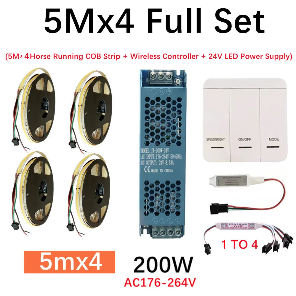 DC24V WS2811 COB LED Light Strip Kit 5M 10M 360LEDs/m Addressable Running Water Flowing Lamp With Wireless Controller Power Kit
