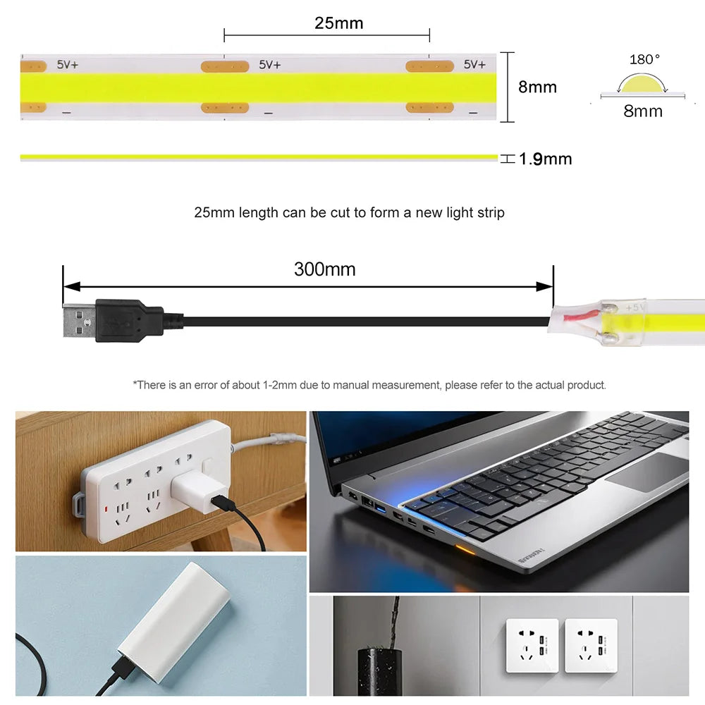 5V USB COB LED Strip Light Tape White Red Green Pink Ice Blue Yellow Flexible 320 LEDs 8mm PCB Ribbon TV Backlights Night Lamp