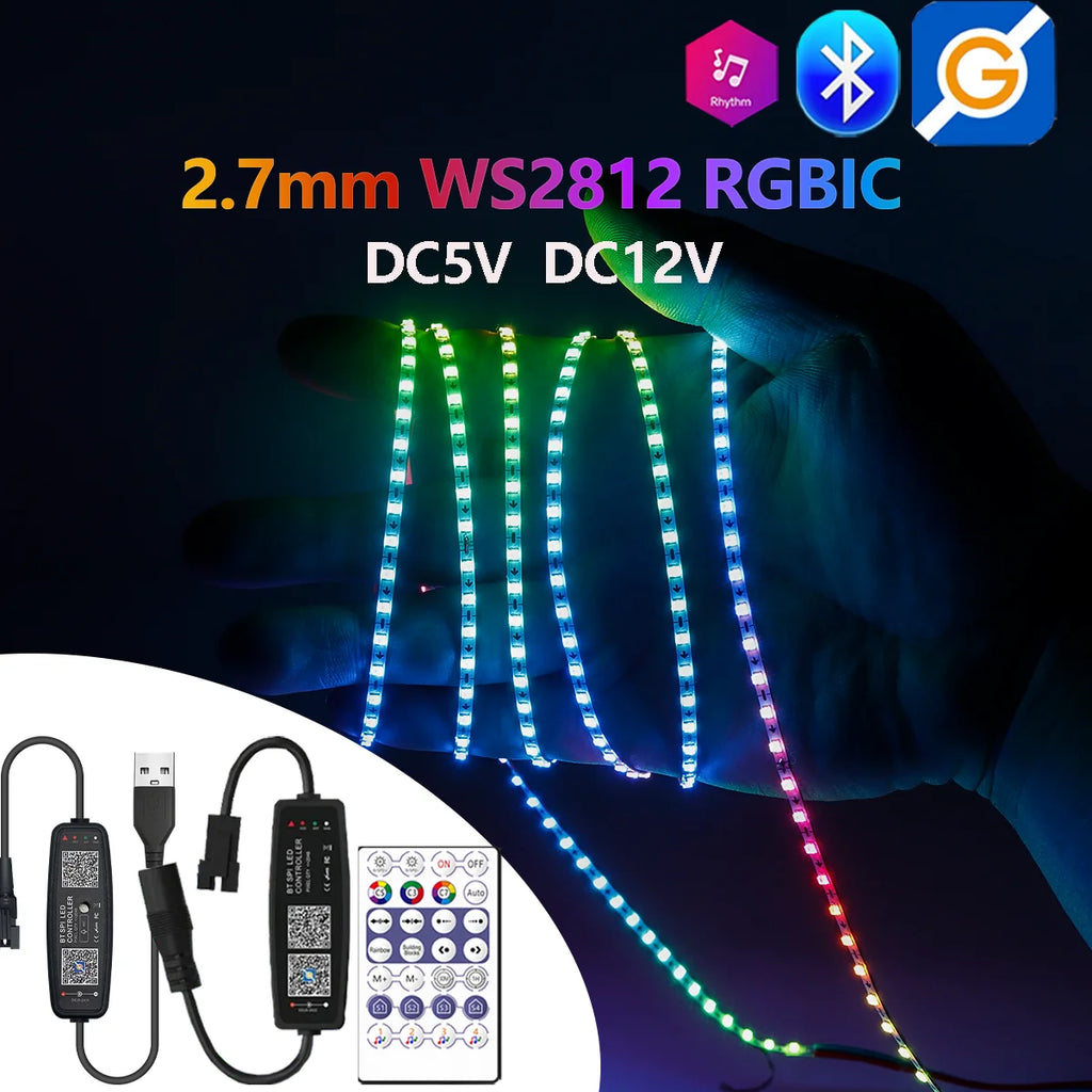 2.7mm WS2812 RGBIC LED Light 160Leds/M WS2812B 2020SMD Addressable Strip Lamp With DC/USB 28keys BT Music Led Controller DC5/12V