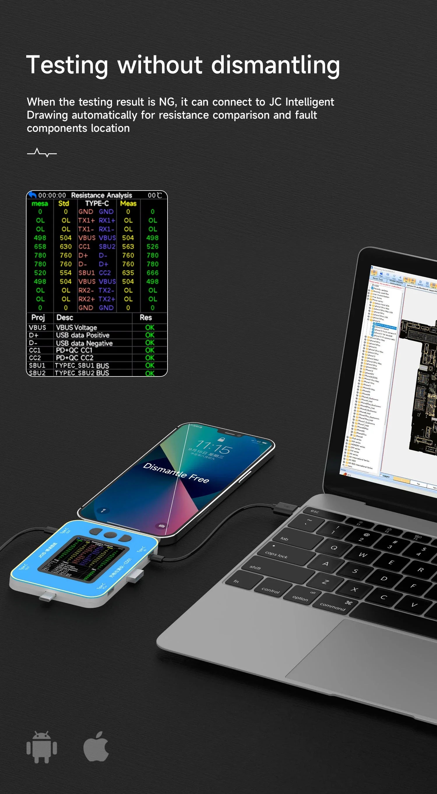 JCID CD01 Charging Detector CD01 Use with JC Intelligent Drawing Faults Diagnosis Type-C Lightning Port Tester IPhone Android