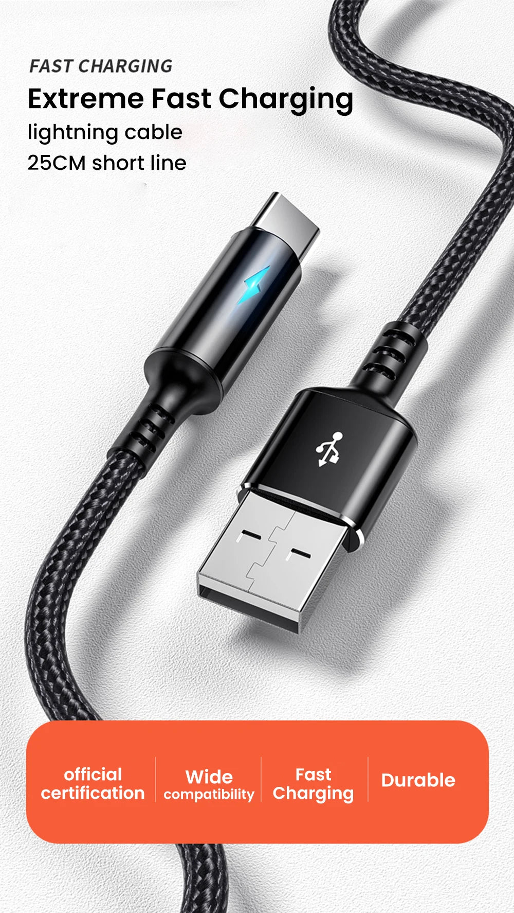25cm Short USB Type C Cable 3A Data Micro USB Cable for iPhone Huawei Xiaomi Power Bank Fast Charging Data cable