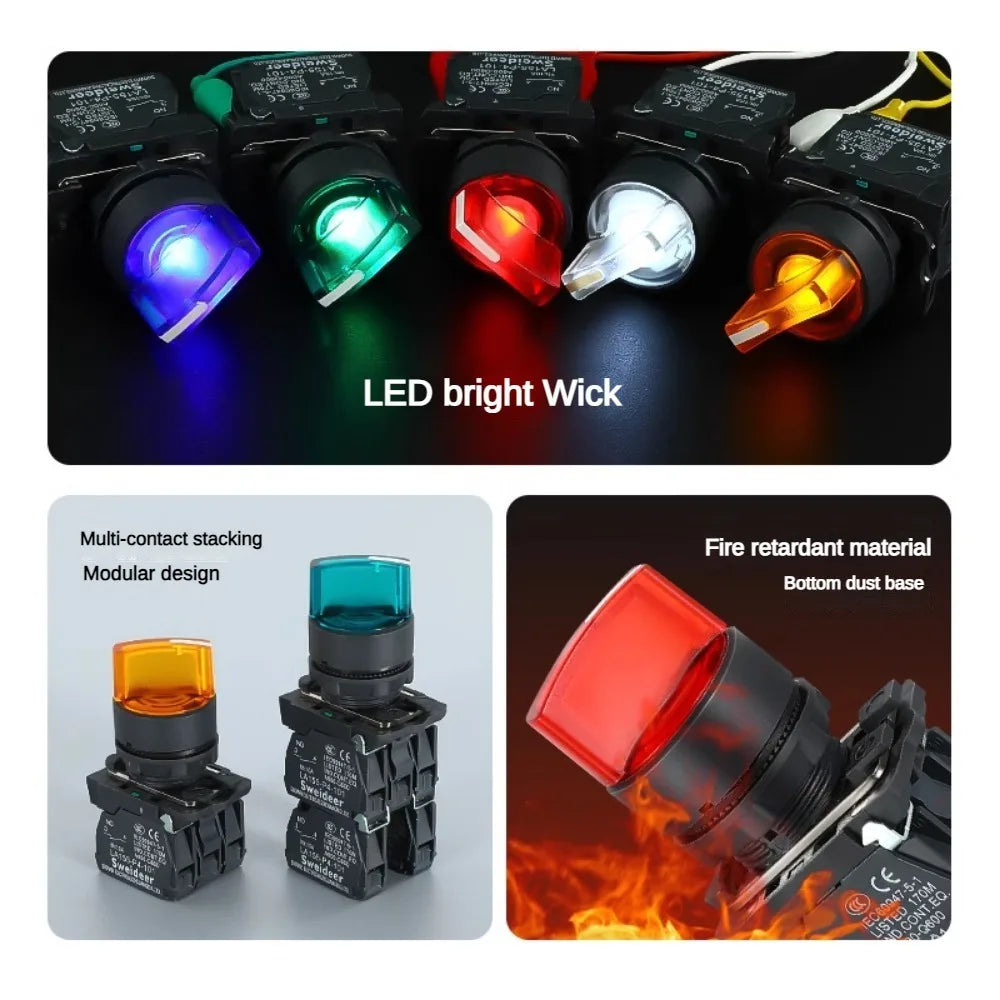 XB4 Knob Switch with LED 22mm 2/3Position Self Locking 1NO/2NO/1NO1NC Select Rotary Switch with Light 12V 24V 220V 10A Red Green