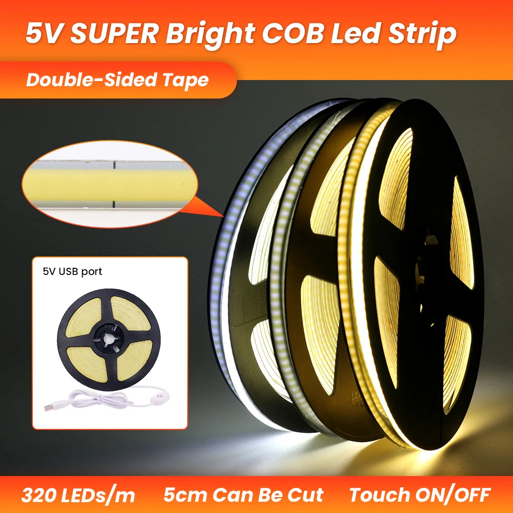 5V USB LED COB Light Strip Touch Dimmer Flexible Diode Tape 5mm 320Leds/m Linear Ribbon Indoor Lighting DIY TV Mirror Backlight