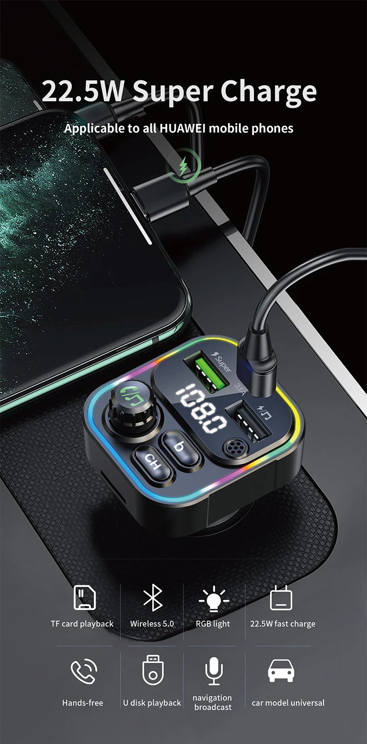 FM Transmitter Bluetooth 5.0 Car Handsfree Audio Mp3 Player Adapter USB 22.5W Quick Charging Type-C Fast Charger FM Modulator