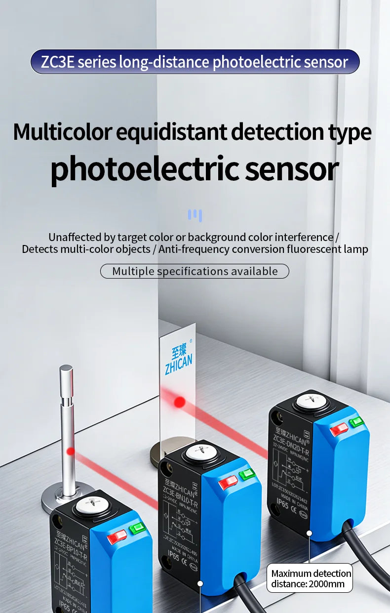 ZHICAN ZC3E Long Range Photoelectric Sensor 2m Diffuse Reflective Switch NPN NO 24V DC Object Detection