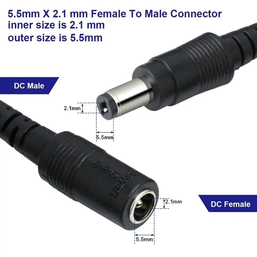 10pcs/lot Male Female DC Cable Power Adapter Connector 5.5x2.1mm Plug Adapter Wire for TV Camera LED Strip Tape Light wholesale