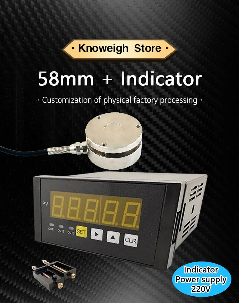 25mm/58mm Mini Compression Load Cell Sensor, 10kg-5t Optional,mV/V Output with Digital Force Display Indicator Meter 220V Supply