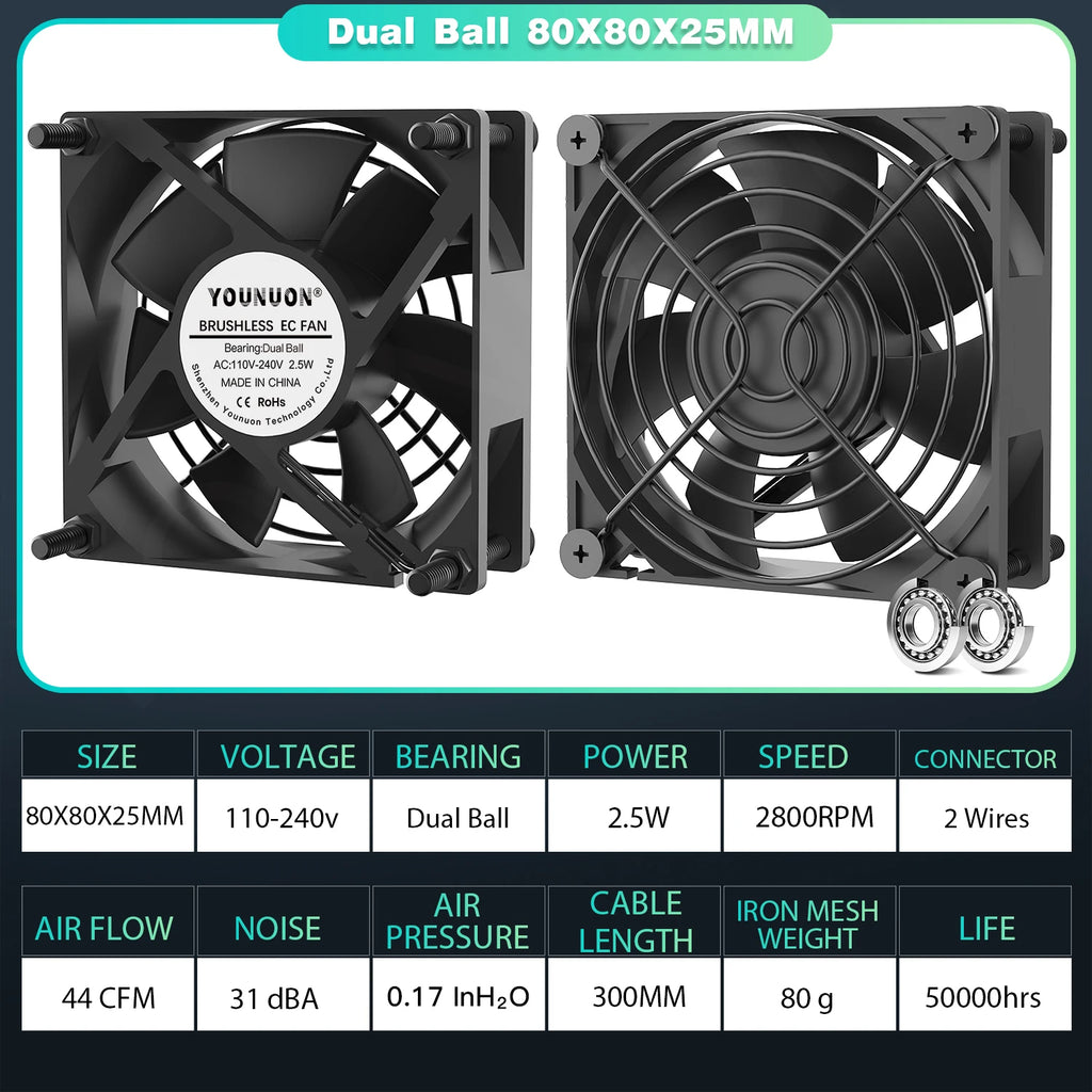 YOUNUON 60mm 80mm 90mm 120mm EC Brushless Fan AC 110V 115V 120V 220V 240V Axial Fan with Srews/Grill 6025 8025 9225 12025 12038