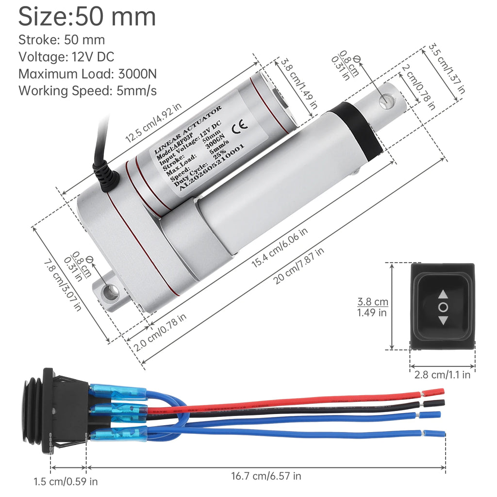 12V Electric Linear Actuator 50/100/150/200/250/300/350/400mm Stroke 3000N Electric Reciprocating Lifting Linear Motion Actuator