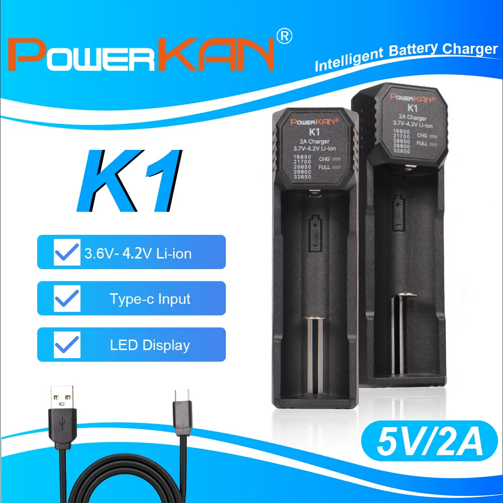 POWERKAN K1 1 Slot Smart Charger, Type-C Fast Charger for 18650 21700 26650 Li-ion Batteries
