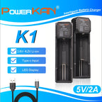 POWERKAN K1 1 Slot Smart Charger, Type-C Fast Charger for 18650 21700 26650 Li-ion Batteries