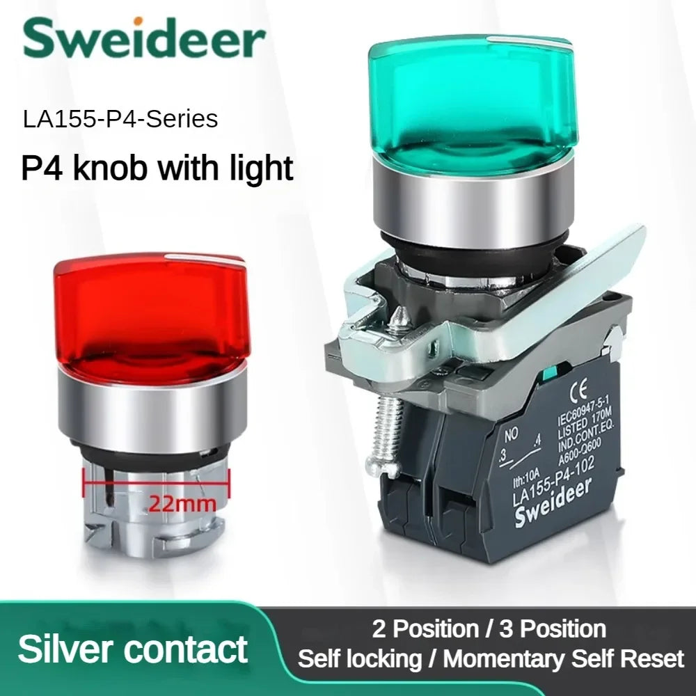 XB4 Knob Switch with Light 22mm 2/3Position Self Locking 1NO/2NO/1NO1NC Select Rotary Switch with LED 12V 24V 220V 10A Red Green