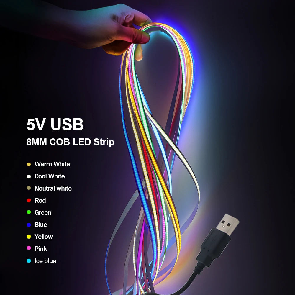 DC 5V USB COB Strip 3MM 5MM 8MM White/Pink/Red/White/Yellow/Ice Blue/Green Flexible Ribbon Rope Home Decor TV Backlight