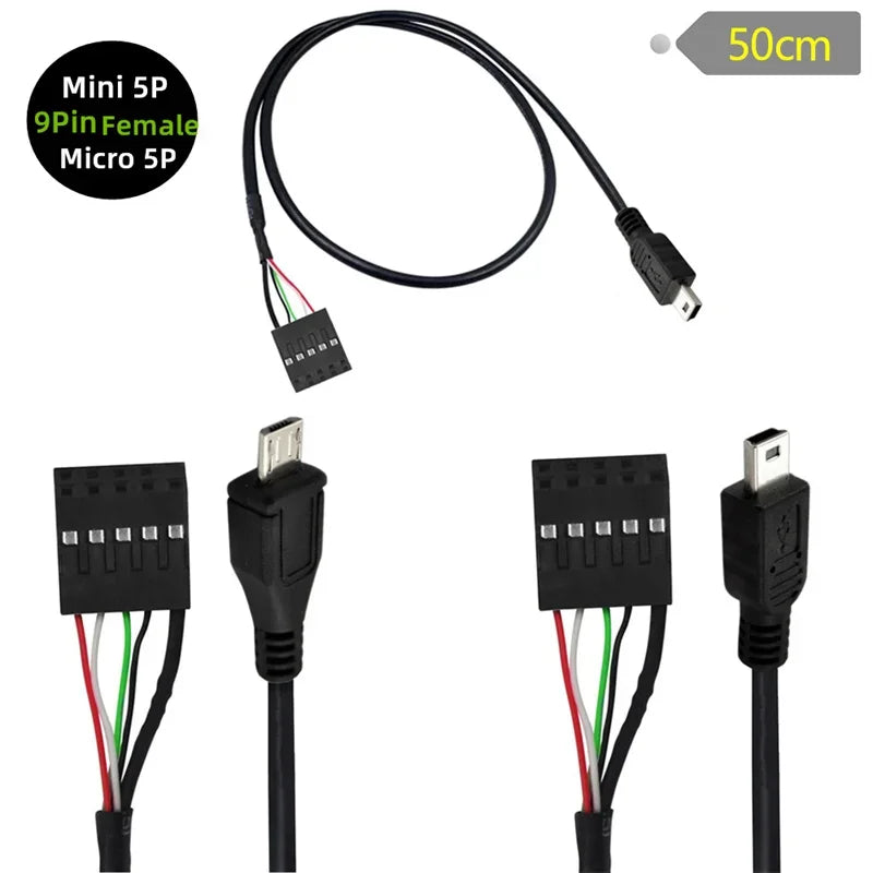 50CM USB 2.0 Micro 5Pin /Mini 5Pin Male To 9Pin Female 2.54 USB Header PCB Motherboard Cable Left/Right Angle