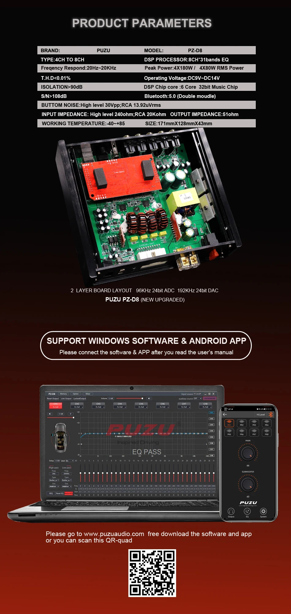 PUZU PZ-D8 D Class 8 channels Car Audio DSP Amplifier processor with 4X180W power output Digital signal processor audio system