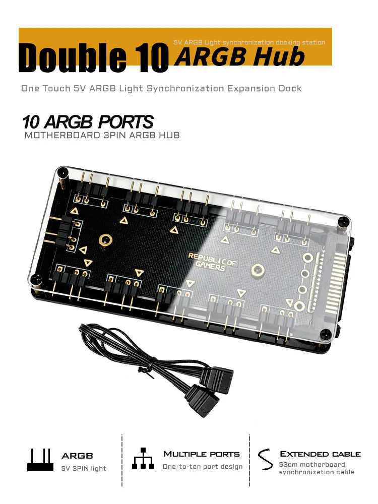 10 Port 5V 3PIN ARGB Fan Hub SATA Powered RGB Splitter for PC Case Addressable RGB Fan Light Strip