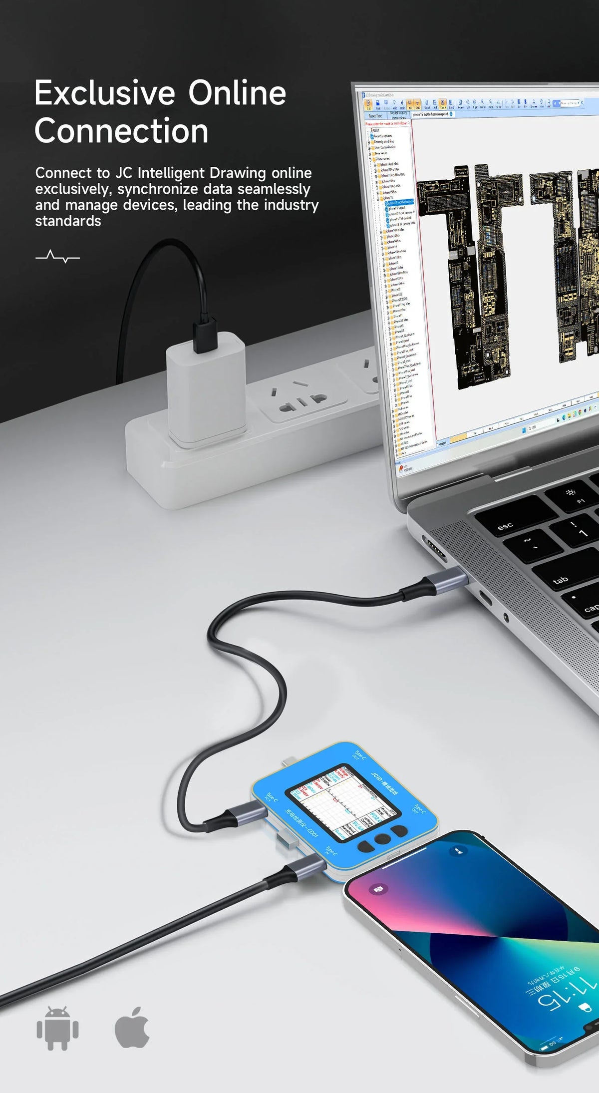 JCID CD01 Charging Detector CD01 Use with JC Intelligent Drawing Faults Diagnosis Type-C Lightning Port Tester IPhone Android