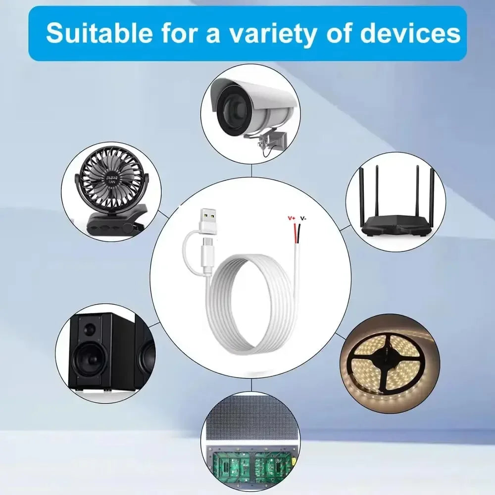 DIY USB C to 2 Pin Bare Wire Open End Power Cable, 5V USB Type C Male Plug 2 Pin Pigtail Cable, for Type C Replacement or Repair