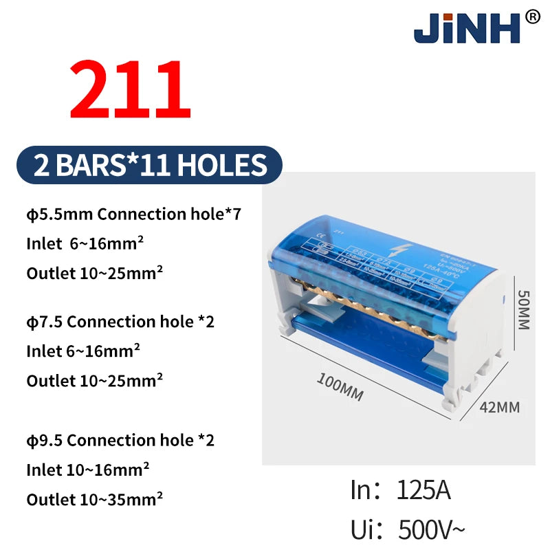 JINH Din Rail Distribution Terminal Block Screw Connection High Power 2 4 Bus Universal Electric Wire Connector Junction Box