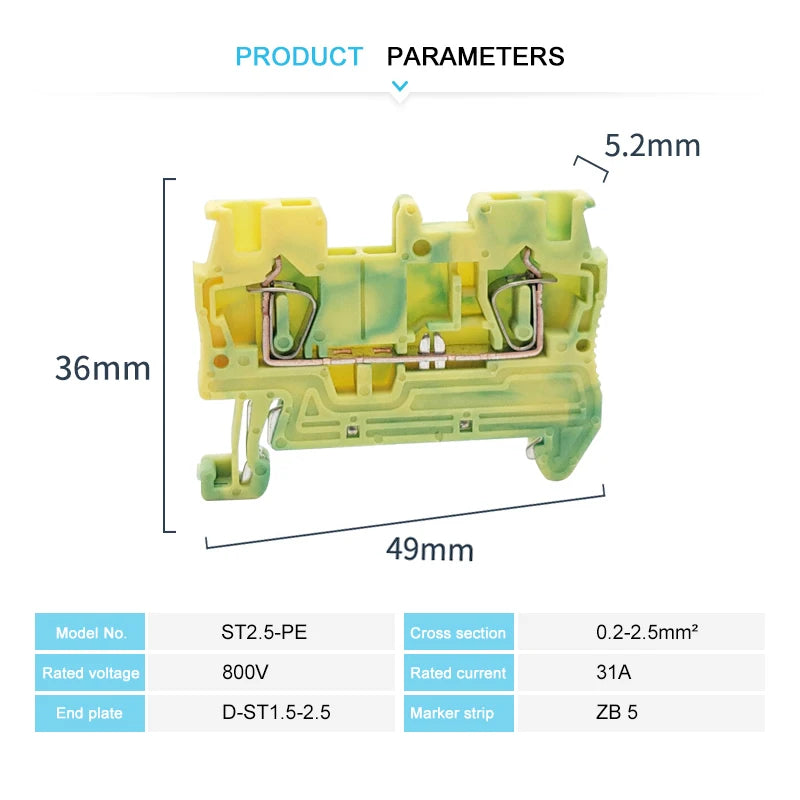 10Pcs ST4-PE Din Rail Ground Connector Spring-cage Terminal Block Feed-through Earthing Electrical Cable 4mm² Connect ST 4-PE