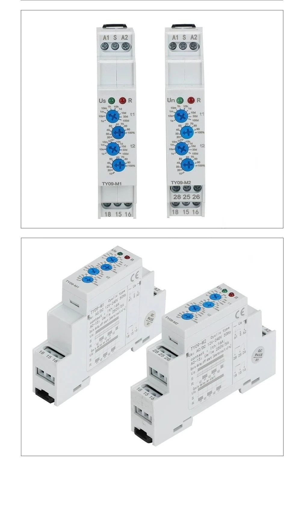 TY09-M1 M2 Cyclic Delay Timer Relay Switch SPDT 220V 16A AC/DC12V-240V 50/60Hz 0.1s-100 Days 2SPDT Din Rail