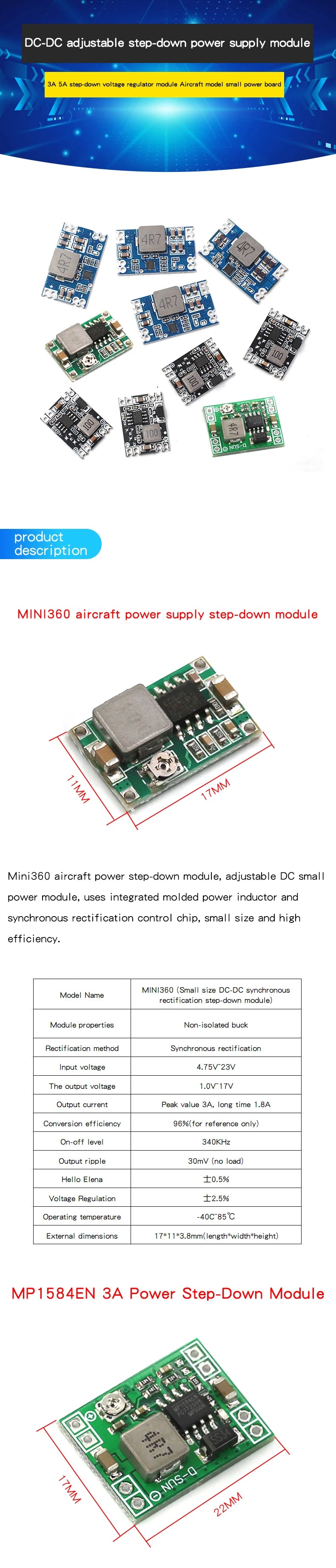 3A 5A DC-DC Buck Step-down Power Supply Module 3.3V 5v 9V 12V Fixed Output High-Current mini560 MP1584EN Adjustable Power