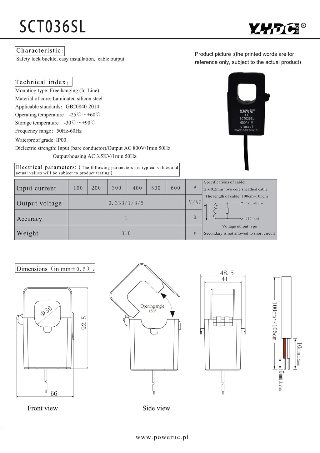 YHDC SCT036SL  100A/200A/300A/400A/500A/600A  0.333V/1V/3V/5V Accuracy 1% Split Core Current Sensor AC Current Transformer