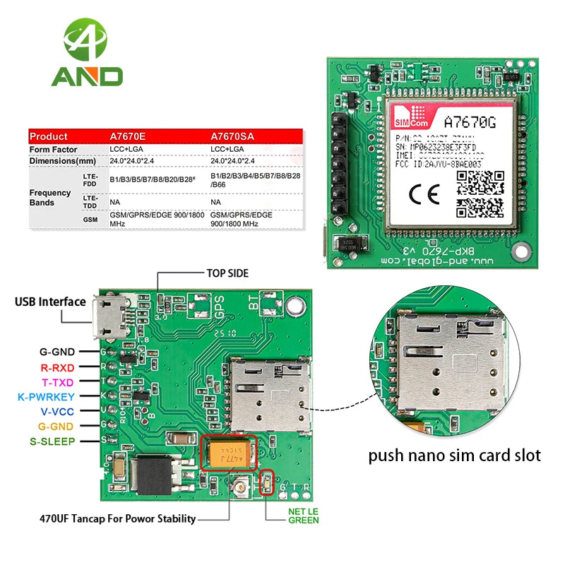 1pc New Push Nano SIM 4G CAT1 A7670G Breakout Development Kits for Global Bands